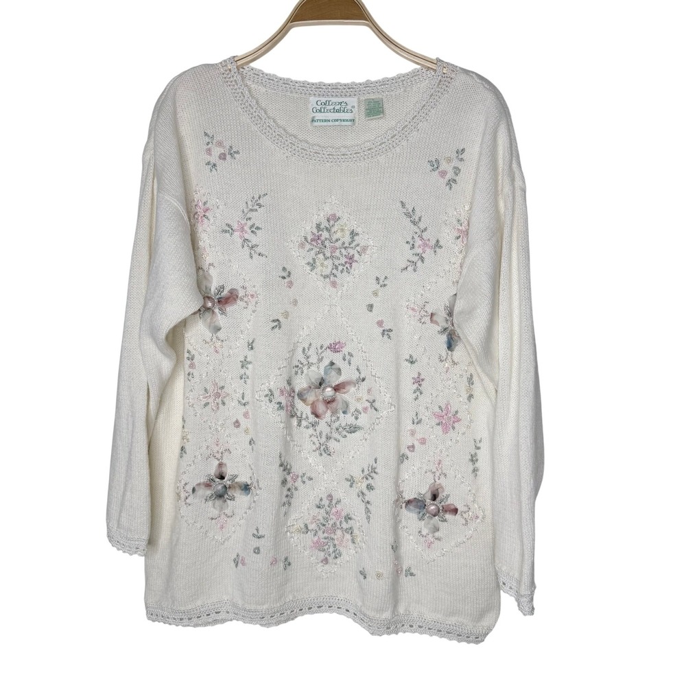 Colleens Collectables Vintage‎ Floral Embroidered Knit Sweater Cream Large L